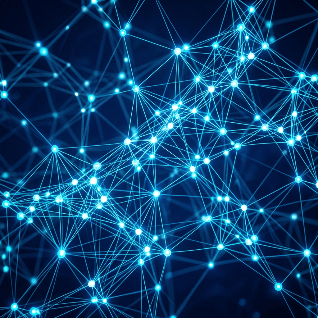 Blue glowing dots connected by lines forming a digital network