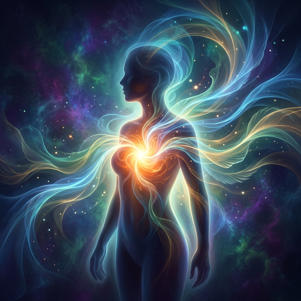 Silhouette of a person with radiant colorful energy flowing from the heart area against a cosmic background