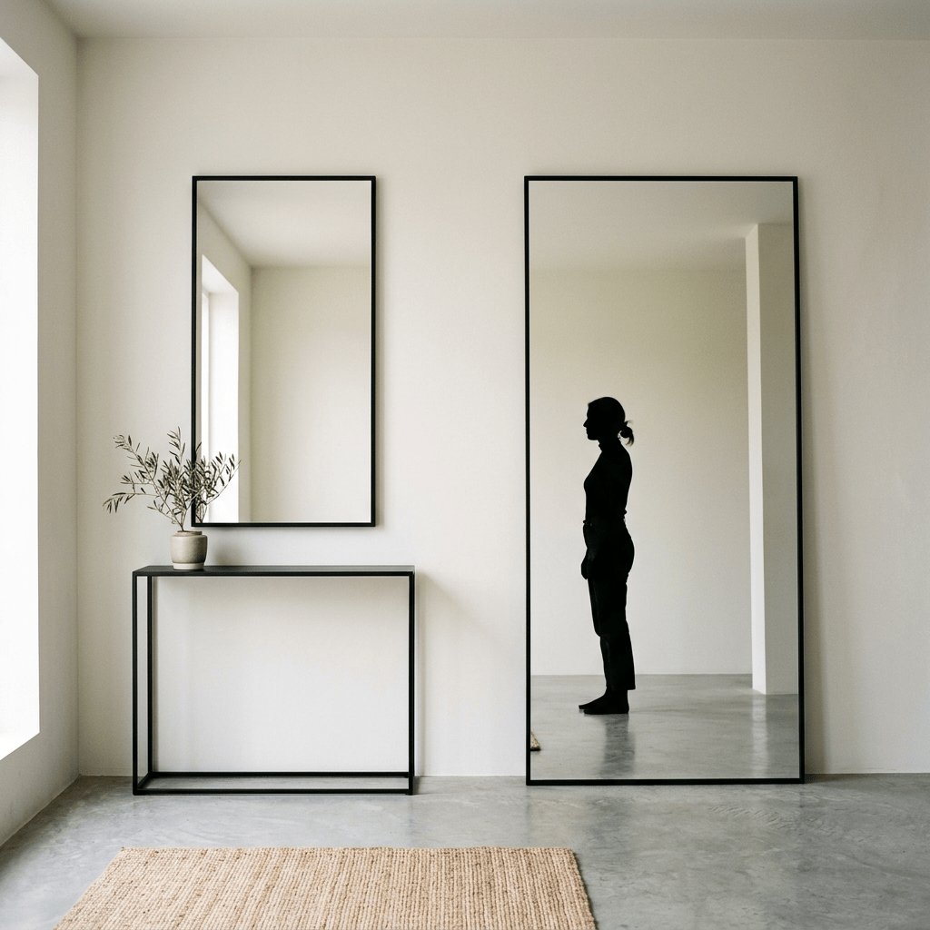 Silhouette of a person reflected in a large floor mirror in a minimalist room with concrete floor and simple furniture