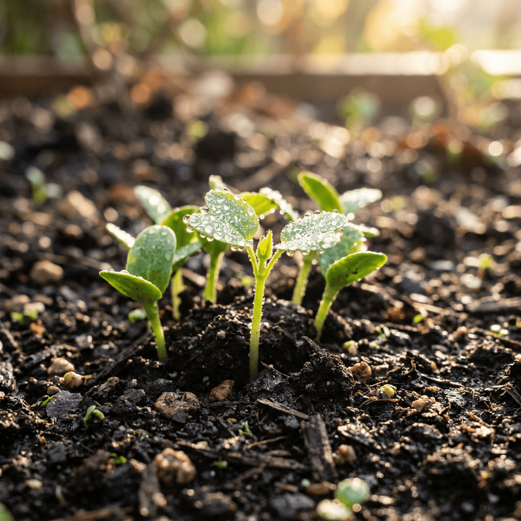 Small green seedlings with dew drops growing from dark soil