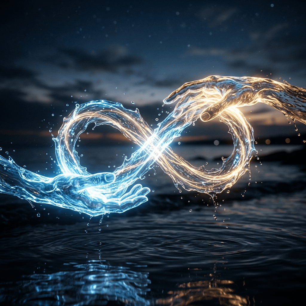 Two glowing hands forming an infinity symbol with flowing water between them over dark water