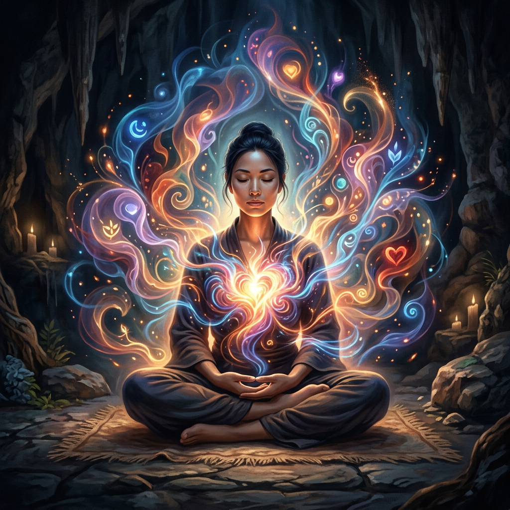 Woman sitting cross-legged meditating with colorful swirling energy emanating from her chest in a dim cave with candles