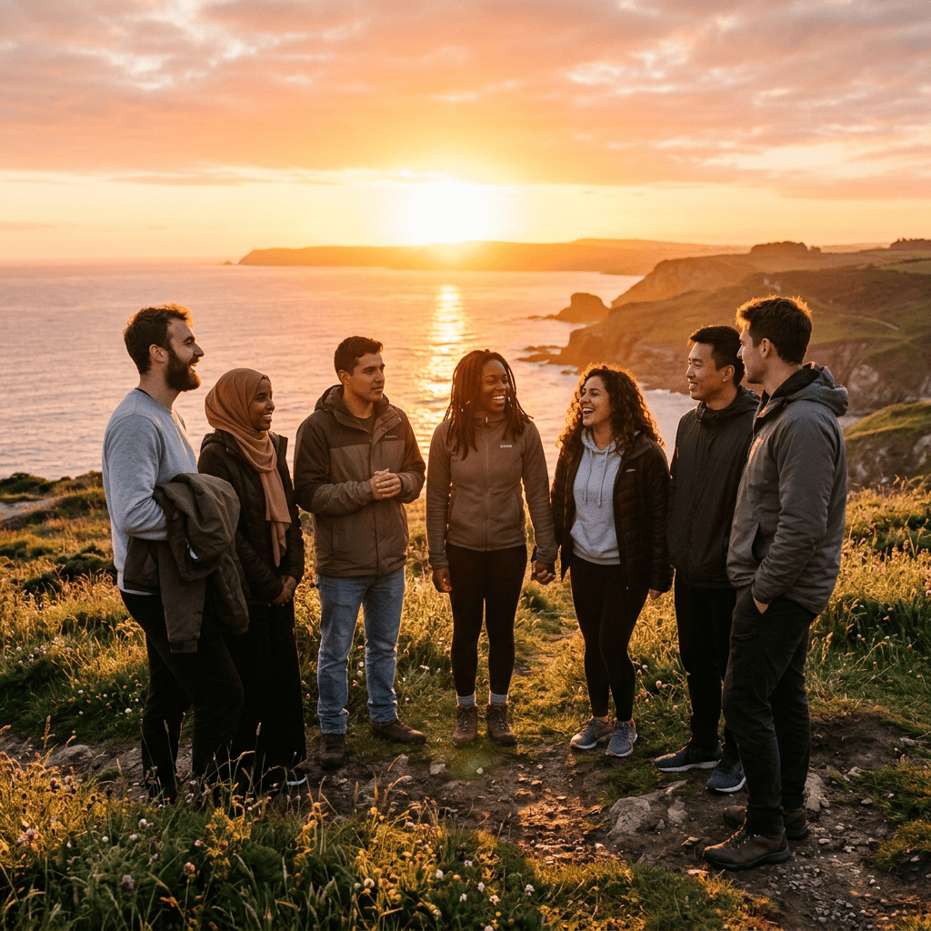 Seven diverse friends standing in a circle on a coastal cliff during sunset