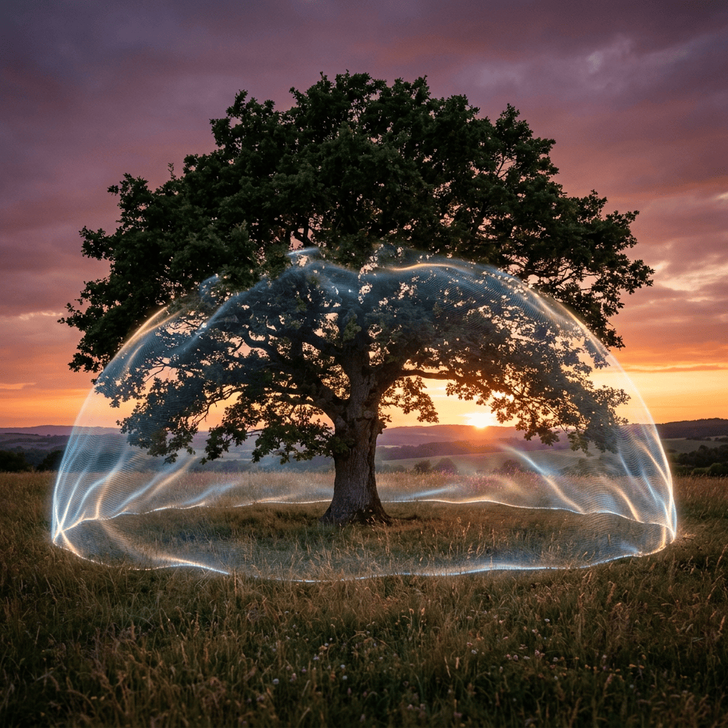 A large tree surrounded by a glowing light dome in a grassy field during sunset